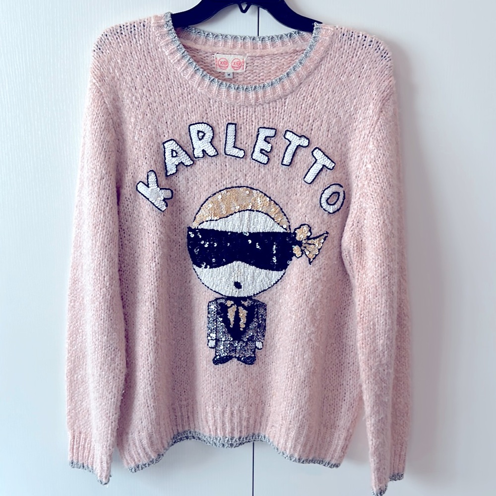 Women's Pink Crewneck Sweater with Sequin Cartoon Motif